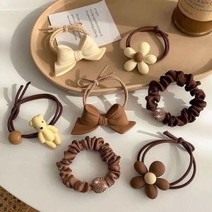 Korean Fashion Scrunchies Hair Ties Bow Flower Bear Decor Elastic Fabric Resin Headband Hair Accessories Women Girls
