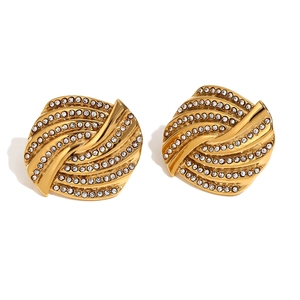 Elegant 18K gold-plated geometric feather stud earrings with sparkling crystals