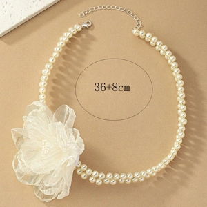 Elegant multi-layer pearl necklace with a large white mesh flower 36+8cm length