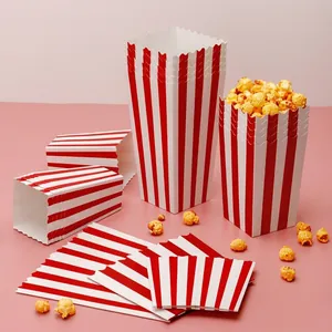 Popcorn Boxes Red White Striped Cardboard Snack Containers For Movie Night Party Scalloped Edge Greaseproof Foldable