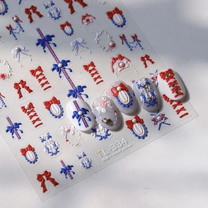 5D Relief Nail Art Stickers French Vintage Bowknot Ribbon Lace Design Self Adhesive Decals With Synthetic Artificial Pearl DIY Manicure