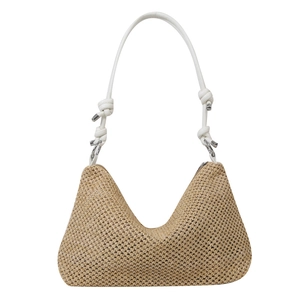 Handwoven khaki straw tote bag with white knotted shoulder strap in a geometric triangle shape