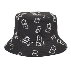 Cappello a secchiello nero con motivi di segni di dollaro bianchi per protezione solare