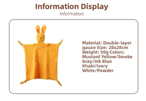 Detail view of 28x28cm cotton gauze baby security blanket with rabbit head design