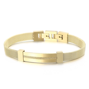 Golden stainless steel mesh chain bracelet with a brushed metal plate and cable detail