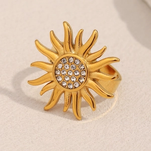 Sun Zircon Open Ring 18K Gold Plated Stainless Steel Retro Exaggerated Sunburst Adjustable Jewelry For Women