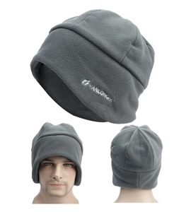 Close-up of grey fleece balaclava with logo embroidery and multi-angle wearing view