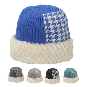Knit Bucket Hat With Faux Fur Trim Houndstooth Pattern Warm Winter Plush Stitching Beanie For Women Elegant Casual