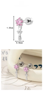Detail showing pink star zircon earring with bow accent and screw-back measurements