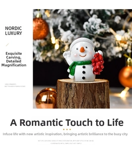 Detailed close-up of a resin snowman figurine with green scarf on a wooden base