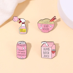 Set of four creative pink enamel pins featuring humorous soda and noodle designs