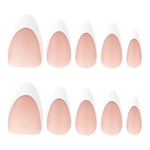 Short almond-shaped French press-on nails with white tips and matte nude finish