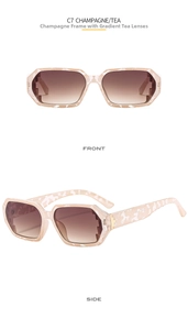 Detail of irregular champagne marble frame with gradient tea lenses on model C7 sunglasses