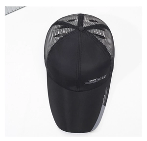 Detail view of breathable black mesh cap showing printed sports fashion lettering