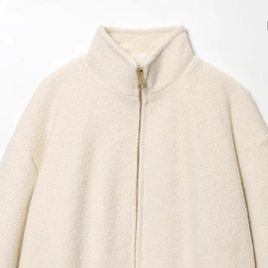 Women's cream white fleece jacket with high collar and premium golden metal zipper