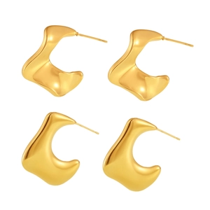 Modern irregular wave C-shape gold earrings with 18K PVD plated stainless steel mirror finish