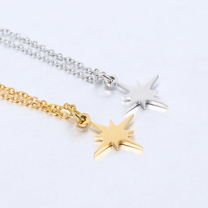 Detail view of high-polished stainless steel gold and silver eight-pointed star pendants
