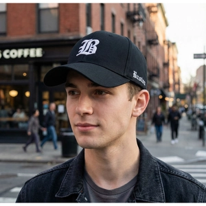 Outdoor model wearing a black baseball cap with white gothic B embroidery and city skyline