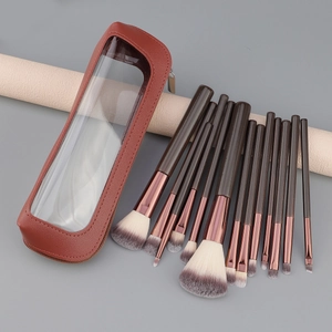 13-delige bruine make-up kwastenset met zachte haren en professionele lederen opbergtas