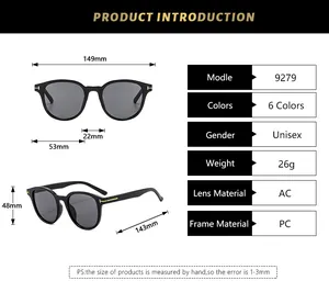 Detailed sizing chart for square sunglasses showing 149mm width and 143mm temple length