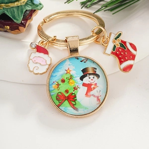 Porte-clés de Noël avec pendentif en verre bonhomme de neige et breloques Père Noël