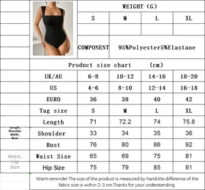 Detaillierte Größentabelle für Damen-Body mit cm-Maßen und Materialzusammensetzung