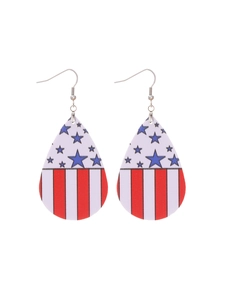 Detail showing tear-drop earrings with American flag pattern on white background