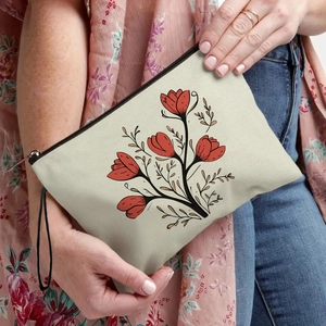 Floral Heart Print Cosmetic Bag Fine Linen Canvas Portable Large Capacity Travel Toiletry Organizer Zipper Pouch With Wristlet