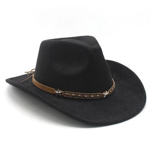 Detail of black suede fedora hat with star-studded brown leather band and curved brim