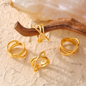 French style gold plated multi-layer intertwined cross line ring in minimalist design