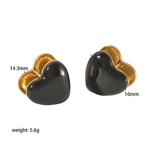 Double-sided heart hoop earrings in 18K gold plating with black enamel 14.3x16mm size