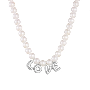 Elegant white pearl necklace with silver LOVE letter pendant on a clean white background