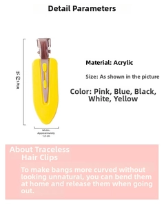 Macro detail of yellow acrylic creaseless hair clip with 5.9cm dimensions and specs