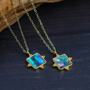 French vintage 18K gold square necklace with colorful natural abalone shell pendant
