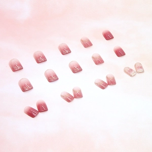 Pink gradient jelly press-on nails set with glitter and silver accents on watercolor background