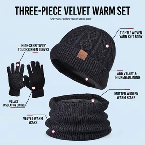 Winter 3-piece knit set including hat, scarf, and touchscreen gloves with velvet lining