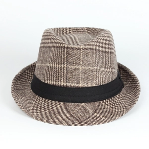 Classic houndstooth wool fedora hat with black ribbon band for men and women