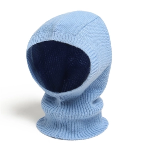 Detailed knit texture of the sky blue winter balaclava hood and neck warmer