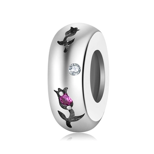 S925 sterling silver flower charm bead with zircon and magenta gemstone for DIY bracelets