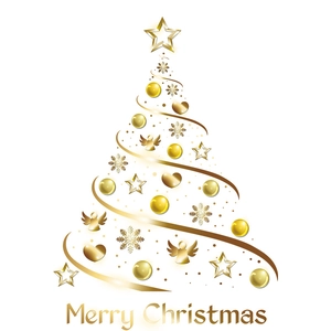 Artistic golden Christmas tree wall decal with ornaments and Merry Christmas text sticker