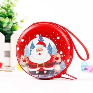 Detail of round Christmas tin coin purse with red Santa and reindeer illustration