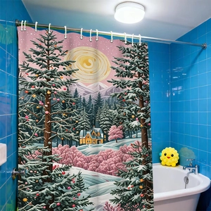 Tenda da doccia con illustrazione baita foresta invernale, ganci e tessuto impermeabile