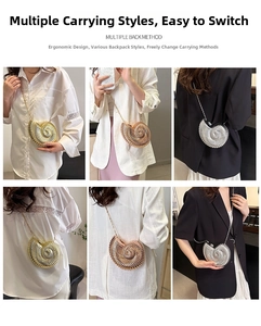 Detail showing multiple ways to wear the snail-shaped metallic chain bag with gold finish