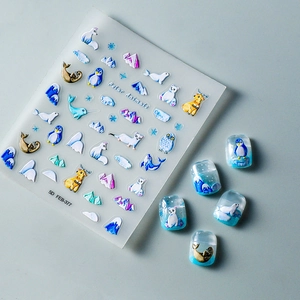 Detailed 5D embossed polar animal nail stickers featuring penguins and polar bears