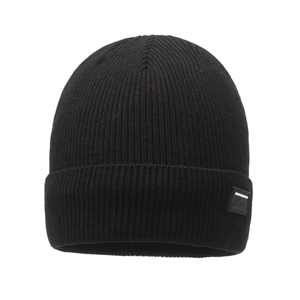 Classic black ribbed knit beanie with mountain label, warm winter thermal hat for outdoor use
