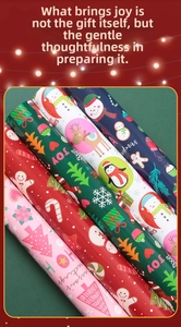 Rolls of colorful Christmas wrapping paper with Santa, reindeer and snowman patterns