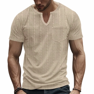 Detail view of khaki V-neck t-shirt featuring textured fabric and single chest pocket