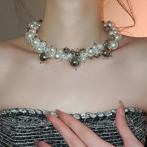 Elegant French cluster pearl necklace with silver beads and irregular layered design