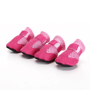 Breathable rose red mesh pet walking shoes with anti-slip rubber soles and velcro straps