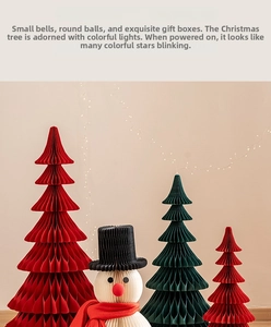 Macro detail of honeycomb paper Christmas trees and a snowman with warm bokeh lighting